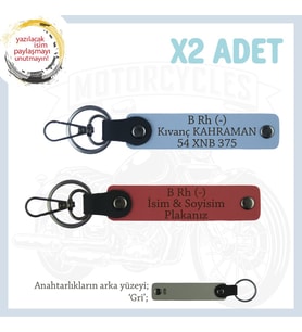 Yol Arkadaşları İçin, İsim Plaka ve B- Kan Grubu Kişiye Özel x2 Anahtarlık Set, Nar Çiçeği-Mavi-Gr (Çok Renkli)
