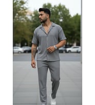 Unisex Trend Bürümcük Krinkıl Kumaş Yazlık Likralı Kısa Kol Gömlek ve Eşofman Takım (Koyu Gri)