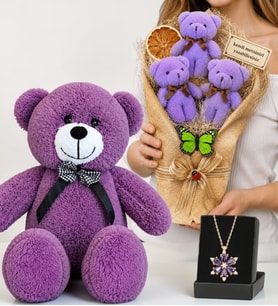 Kişiye Özel Mor Ayıcık Buketi, Gerçek Ametist Taşlı Lotus Kolye ve 50 cm Mor Peluş Ayıcık Hediye Seti
