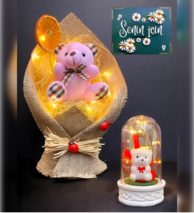Led Işıklı Pembe Ayıcık Buketi ve Led Işıklı Beyaz Ayıcıklı Fanus  Hediye Seti