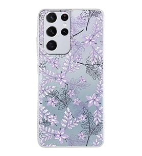 Samsung Galaxy S21 Ultra Kapak Floral Lila Tasarımlı Şeffaf Silikon Kılıf
