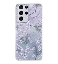 Samsung Galaxy S21 Ultra Kapak Floral Lila Tasarımlı Şeffaf Silikon Kılıf