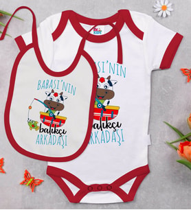 BK Kids Babasının Balıkçı Arkadaşı Tasarımlı Kırmızı Bebek Body Zıbın ve Mama Önlüğü Hediye Seti-1
