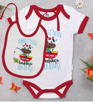 BK Kids Babasının Balıkçı Arkadaşı Tasarımlı Kırmızı Bebek Body Zıbın ve Mama Önlüğü Hediye Seti-1