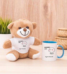 Kişiye Özel İncinmişsin Dedi Tasarım Esprili Peluş Ayı ve Mavi Kupa