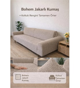 Lastikli 3 Kişilik Koltuk Örtüsü Kaymaz Esnek ve Yıkanabilir Koltuk Kılıfı bohem vizon 180 x 230