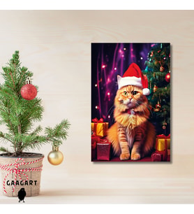 Tekli Dikey Kanvas Duvar Tablosu Yılbaşı Hediyesi Noel Baba Kostümlü Sarı Kedi
