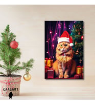 Tekli Dikey Kanvas Duvar Tablosu Yılbaşı Hediyesi Noel Baba Kostümlü Sarı Kedi