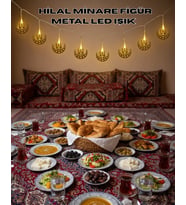 Pilli Minareli Hilal LED Işık Gold Metal Ramazan Dekorasyonu