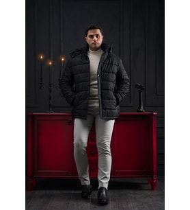 Advante Slimfit Çıtçıt Ve Fermuar Kapamalı Kapşonlu Erkek Kapitone Mont (Siyah)
