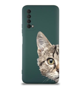 Huawei P Smart 2021 Uyumlu Lansman Kılıf Catface Tasarımlı İçi Kadife Kapak-Yeşil (Şeffaf)