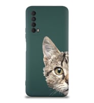 Huawei P Smart 2021 Uyumlu Lansman Kılıf Catface Tasarımlı İçi Kadife Kapak-Yeşil (Şeffaf)