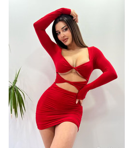 Kırmızı Uzun Kollu Hollow Out Dekolteli Bodycon Mini Elbise