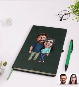 BK Gift Kişiye Özel Sevgililer Karikatürlü Yeşil Termo Deri Defter Kalem Seti Model 109