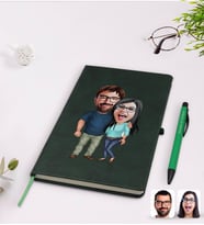 BK Gift Kişiye Özel Sevgililer Karikatürlü Yeşil Termo Deri Defter Kalem Seti Model 109
