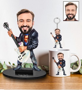 Kişiye Özel Gitarist Tasarımlı Karikatür Biblo Anahtarlık Ve Kupa Hediye Seti 91