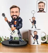 Kişiye Özel Gitarist Tasarımlı Karikatür Biblo Anahtarlık Ve Kupa Hediye Seti 91