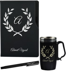 Kişiye Özel Sevgiliye Hediye Siyah Defter Termos - Mug ve Roller Kalem Hediye Seti