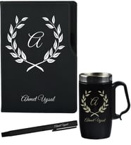 Kişiye Özel Sevgiliye Hediye Siyah Defter Termos - Mug ve Roller Kalem Hediye Seti