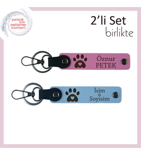 Kedi İsimli Kişisel Anahtarlık, Kalpli Pati Temalı 2'li Deri Hediyelik Set, Pembe-Gök Mavi