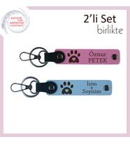 Kedi İsimli Kişisel Anahtarlık, Kalpli Pati Temalı 2'li Deri Hediyelik Set, Pembe-Gök Mavi