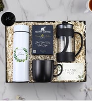 Kişiye Özel Tasarım Dereceli Termos & Siyah French Press  & Alerya Premium Filtre Kahve & Siyah Kupa  Hediye Seti