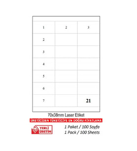A1 Etiket Lazer Etiket tw-2121 100 A4 Sayfa Lazer Etiket 70 x 38 mm Boyutunda 1 A4 Sayfada 21 Etiket