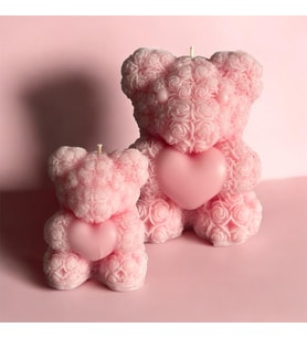Chemood İkili Gül Kokulu Desenli ve Kalpli Ayıcık Mum, Pembe