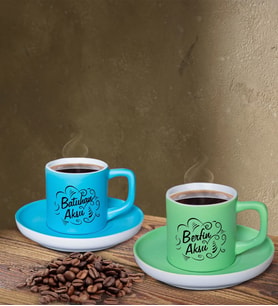 BK Gift Kişiye Özel İsimli Mavi ve Yeşil Renk İkili Türk Kahvesi Fincan Seti-6, Ev Hediyesi, Arkadaşa Hediye, Doğum Günü Hediyesi