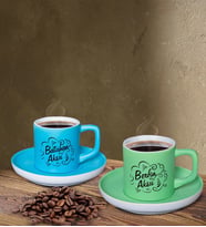 BK Gift Kişiye Özel İsimli Mavi ve Yeşil Renk İkili Türk Kahvesi Fincan Seti-6, Ev Hediyesi, Arkadaşa Hediye, Doğum Günü Hediyesi