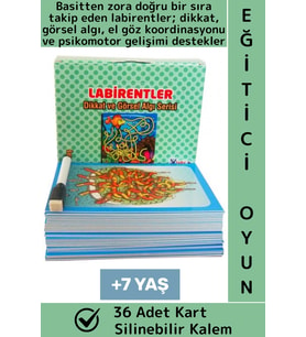 Eğlenceli Dikkat Görsel Algı Koordinasyon Psikomotor Silinebilir Kalemli Oyun LABİRENTLER 36 Kart