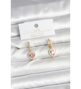 Pirinç Gold Pembe Renk Zirkon Taşlı Kalp Model Kadın Küpe 5886 - HPSBYI9781-2695