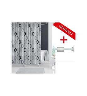 Polyester Kumaş Geometrik Desen Gri Banyo Perdesi Askı Aparatı Hediyeli C-halkalı Duş Perdesi