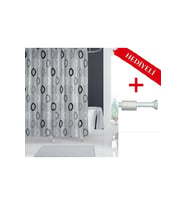 Polyester Kumaş Geometrik Desen Gri Banyo Perdesi Askı Aparatı Hediyeli C-halkalı Duş Perdesi