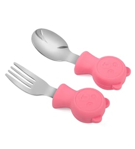 Valkyrie 304 Çelik Panda Bebek Kaşık Çatal SetiSilikon Saplı BPA İçermez Ergonomik Kaymaz Pembe