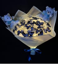 Led Işıklı Mavi Renkli Ayıcıklı Kelebek Buketi