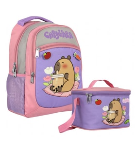Capybara Kız Çocuk Okul Sırt Çantası ve Beslenme Çantası Seti - Mor - Pembe - SETCPB5233B