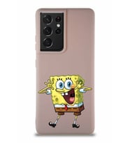 Samsung Galaxy S21 Ultra Soft Premier Kapak Sünger Bob Tasarımlı Silikon Kılıf - Pudra (Şeffaf)