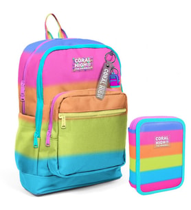 Coral High Pembe Turuncu Renk Geçişli Kız Çocuk Okul Çantası ve Organizer Kalemlik Seti 23770 11140