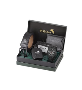 Polo Air Erkek Kol Saati Kemer Cüzdan Kartlık Parfüm Hediyelik Kutusunda Siyah Set PL-7033E1