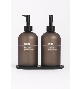 Bulaşık Deterjanlık ve Sabunluk Seti Bambu Tepsili Şık İkili Set Siyah Beyaz Modern Tasarım Kompozit Malzemeli Mutfak Tezgah Üstü Organizer (Gri Vintage)