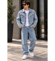 Erkek Açık Mavi Denim Takım Püsküllü Jean Ceket ve Baggy Bol Paça Pantolon Oversize İkili Takım