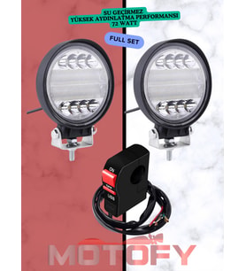 72 WATT YUVARLAK SU GEÇİRMEZ LED MOTOSİKLET SİS FARI TAKIMI + USB'Lİ BUTON