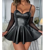 Intive Curvy Büyük Beden Deri Görünümlü Eldivenli Mini Gecelik (2XL/3XL) (Siyah)