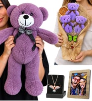 Kişiye Özel Fotoğraflı Mor Ayıcık Buketi, 50 cm Mor Peluş Ayıcık ve Renkli Anka Kuşu Kolye Hediye Seti