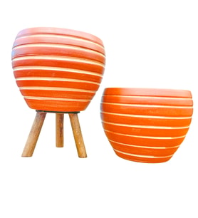 BİTKİ TASARIMI EV DEKORASYON YAN ÇİZGİ DESENLİ TERRAKOTA TOPRAK SAKSI SAKSILIK SALON ÇİÇEKLİK İKİLİ SET AYAKSIZ - 3 AYAKLI- 15 CM