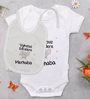 BK Kids Uykusuz Gecelere Merhaba Tasarımlı Bebek Body Zıbın ve Mama Önlüğü Hediye Seti - Model 1