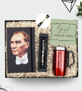 Kişiye Özel Termos & Mustafa Kemal Atatürk Baskılı Defter & Atatürk İmza Kabartmalı Kalem Hediye Seti