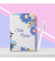 BK Gift Kişiye Özel Çiçek Desenli Beyaz Defter Kalem Seti-1