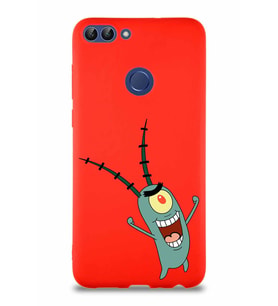 Huawei P Smart Soft Premier Kapak Plankton Tasarımlı Silikon Kılıf - Kırmızı (Şeffaf)